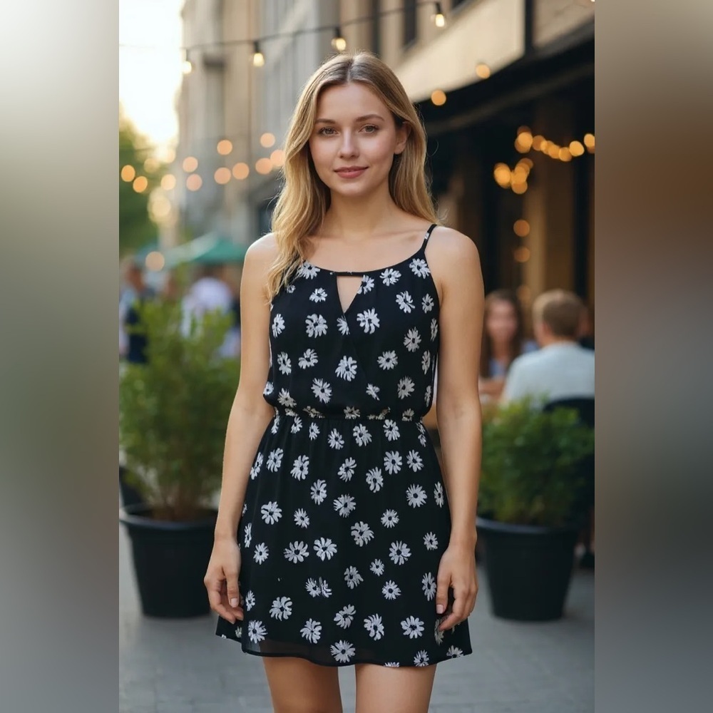 Black Sleeveless Dress with White Daisy Print – Casual Spring/Summer Mini Dress